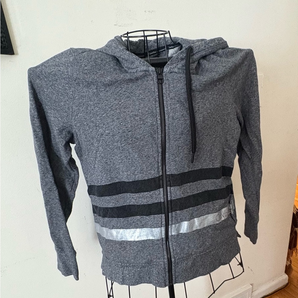 WINTER SALE ** Calvin Klein Gray Hoodie with Black and Silver Stripes